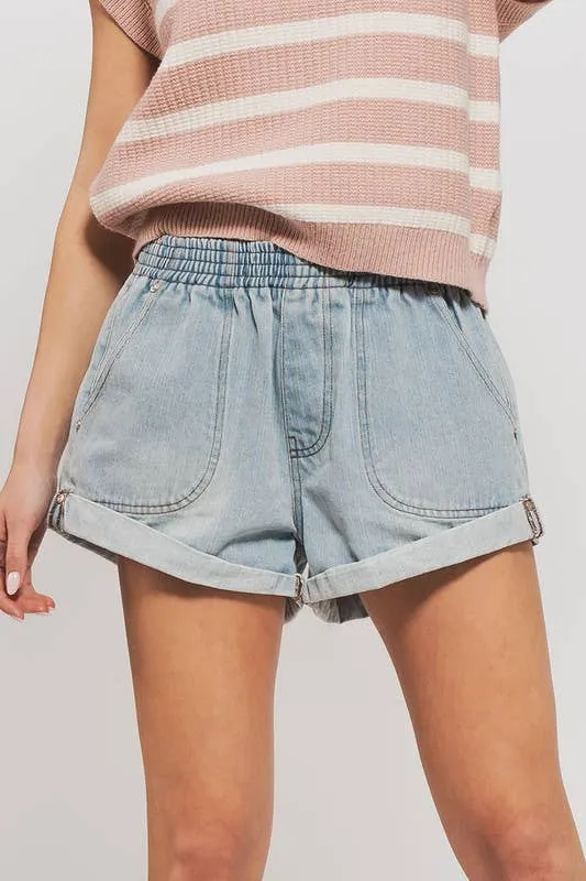 Spring Elastic Waist Cuffed Print Shorts