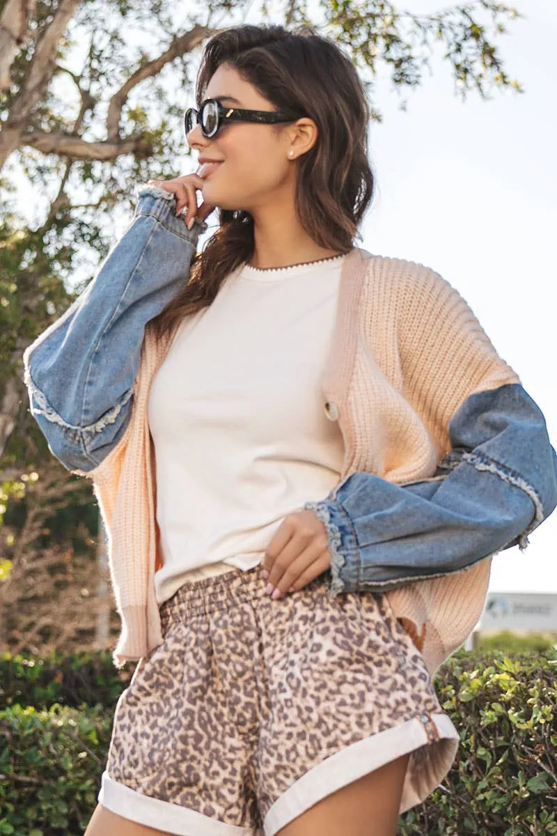 Spring Elastic Waist Cuffed Print Shorts