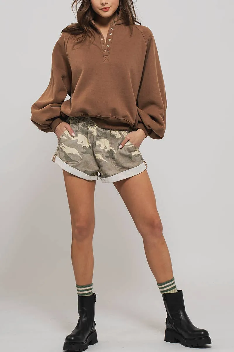 Spring Elastic Waist Cuffed Print Shorts