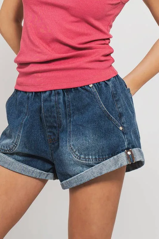 Spring Elastic Waist Cuffed Print Shorts