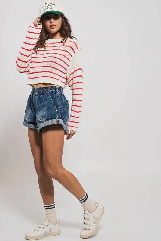 Spring Elastic Waist Cuffed Print Shorts