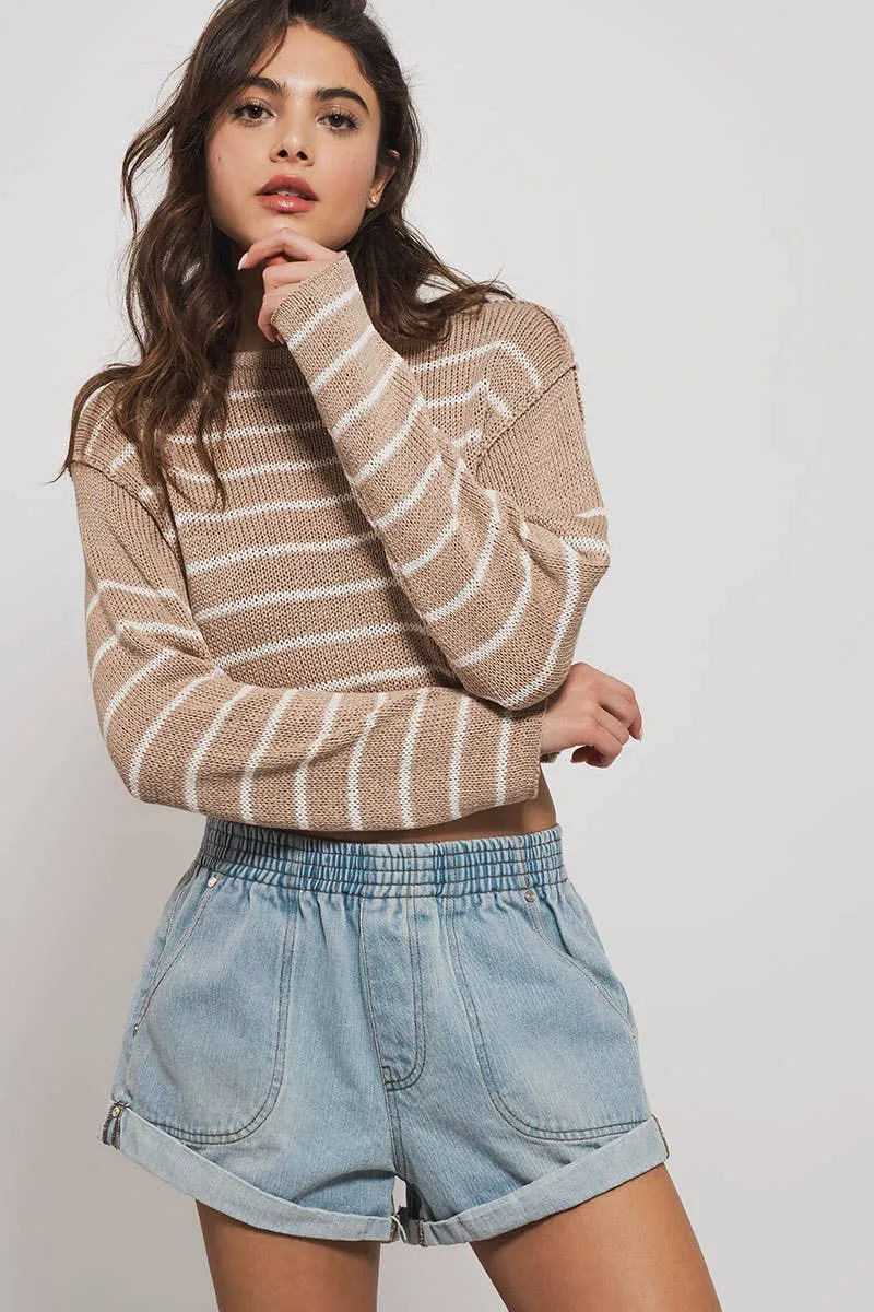 Spring Elastic Waist Cuffed Print Shorts