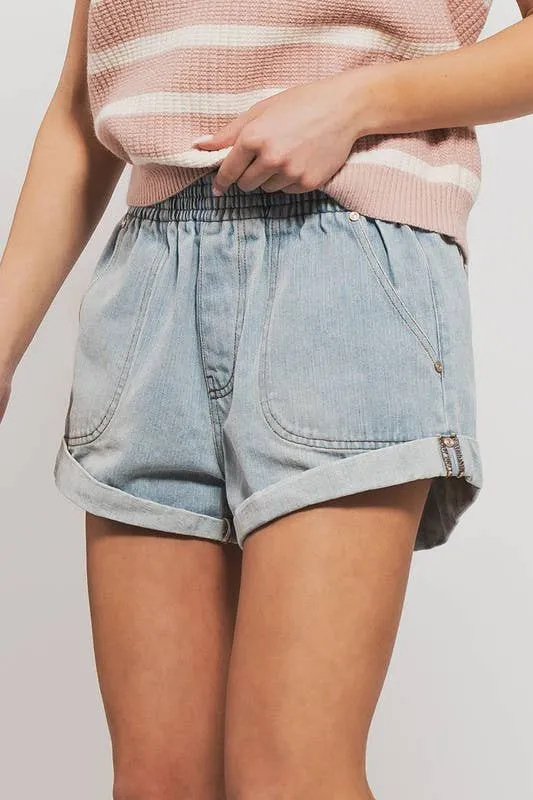 Spring Elastic Waist Cuffed Print Shorts