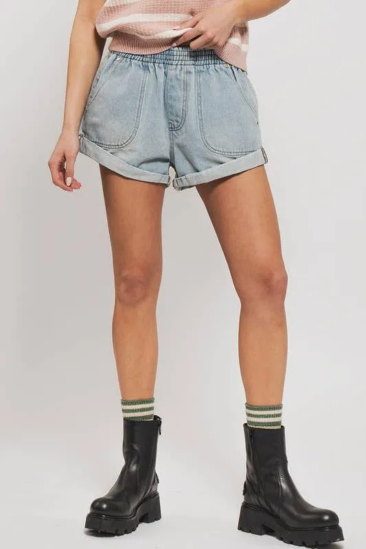 Spring Elastic Waist Cuffed Print Shorts