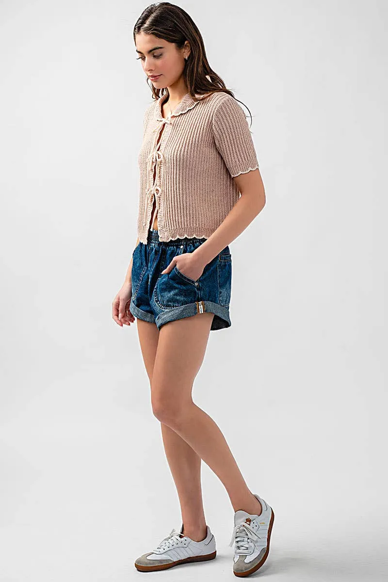 Spring Elastic Waist Cuffed Print Shorts