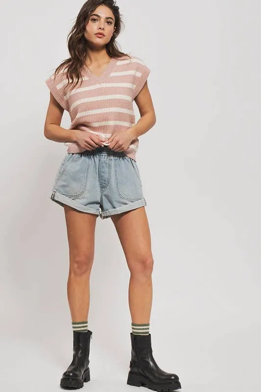 Spring Elastic Waist Cuffed Print Shorts