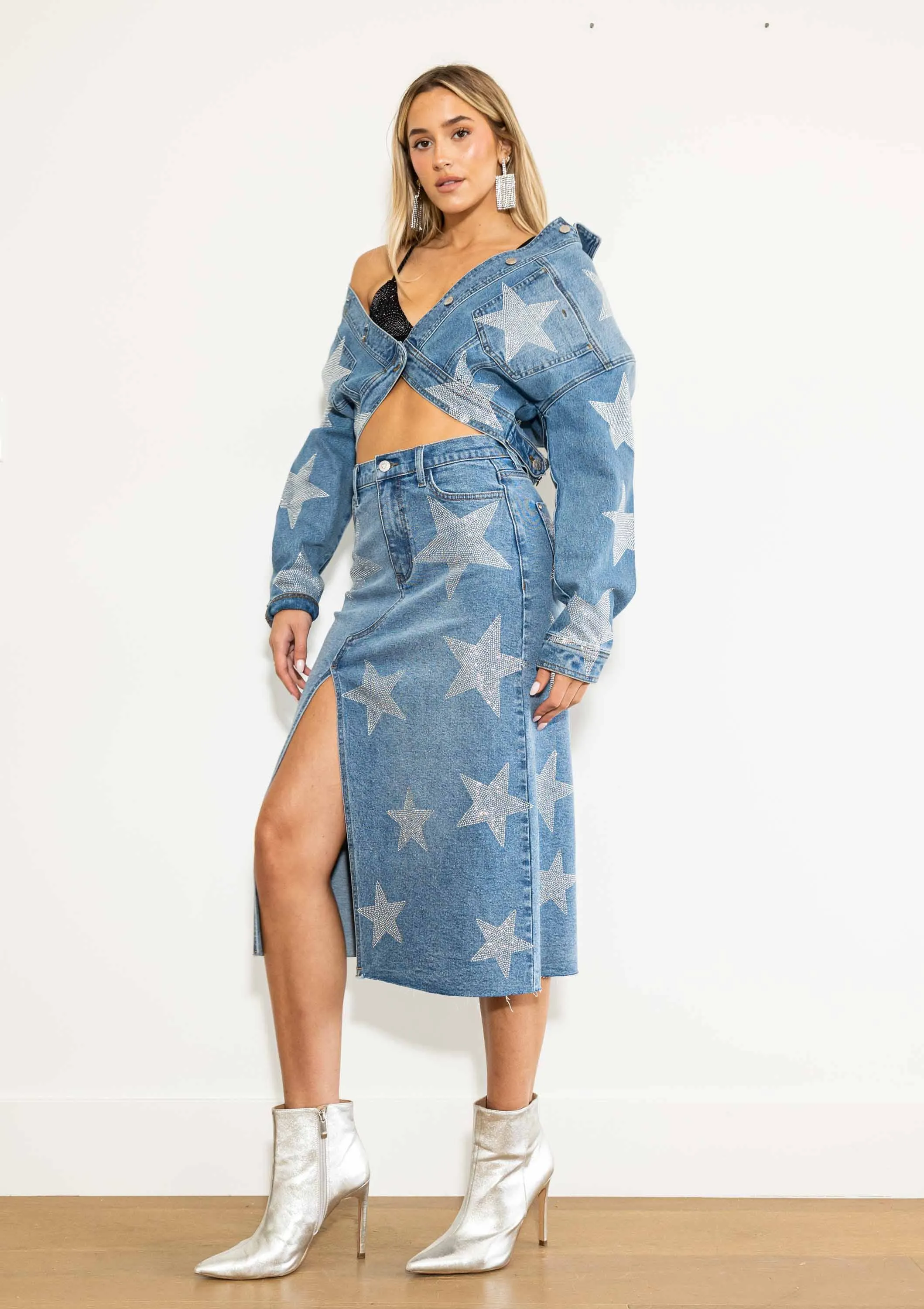 Stars Born Rhinestone Denim Column Skirt Vibrant M.i.u