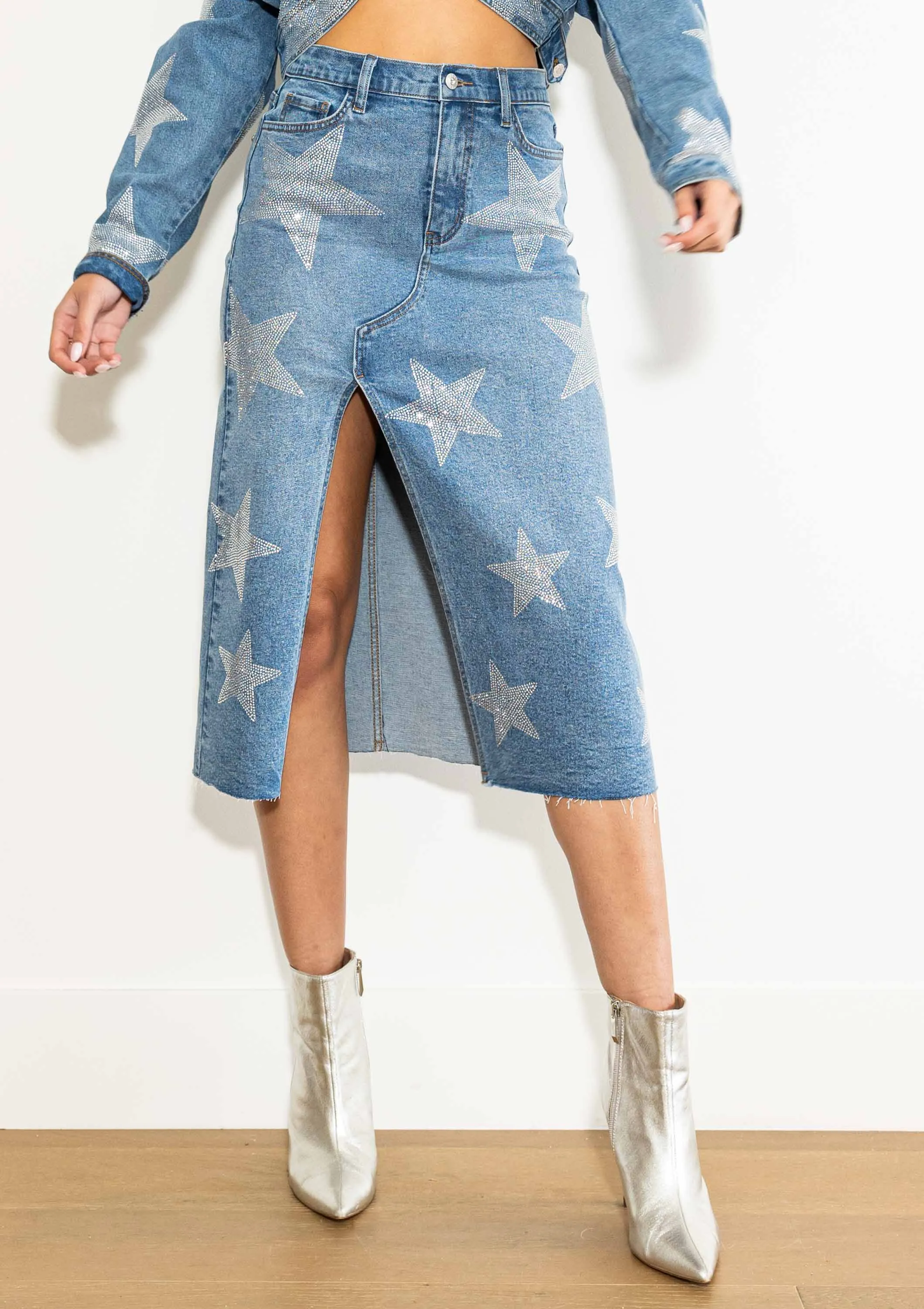 Stars Born Rhinestone Denim Column Skirt Vibrant M.i.u