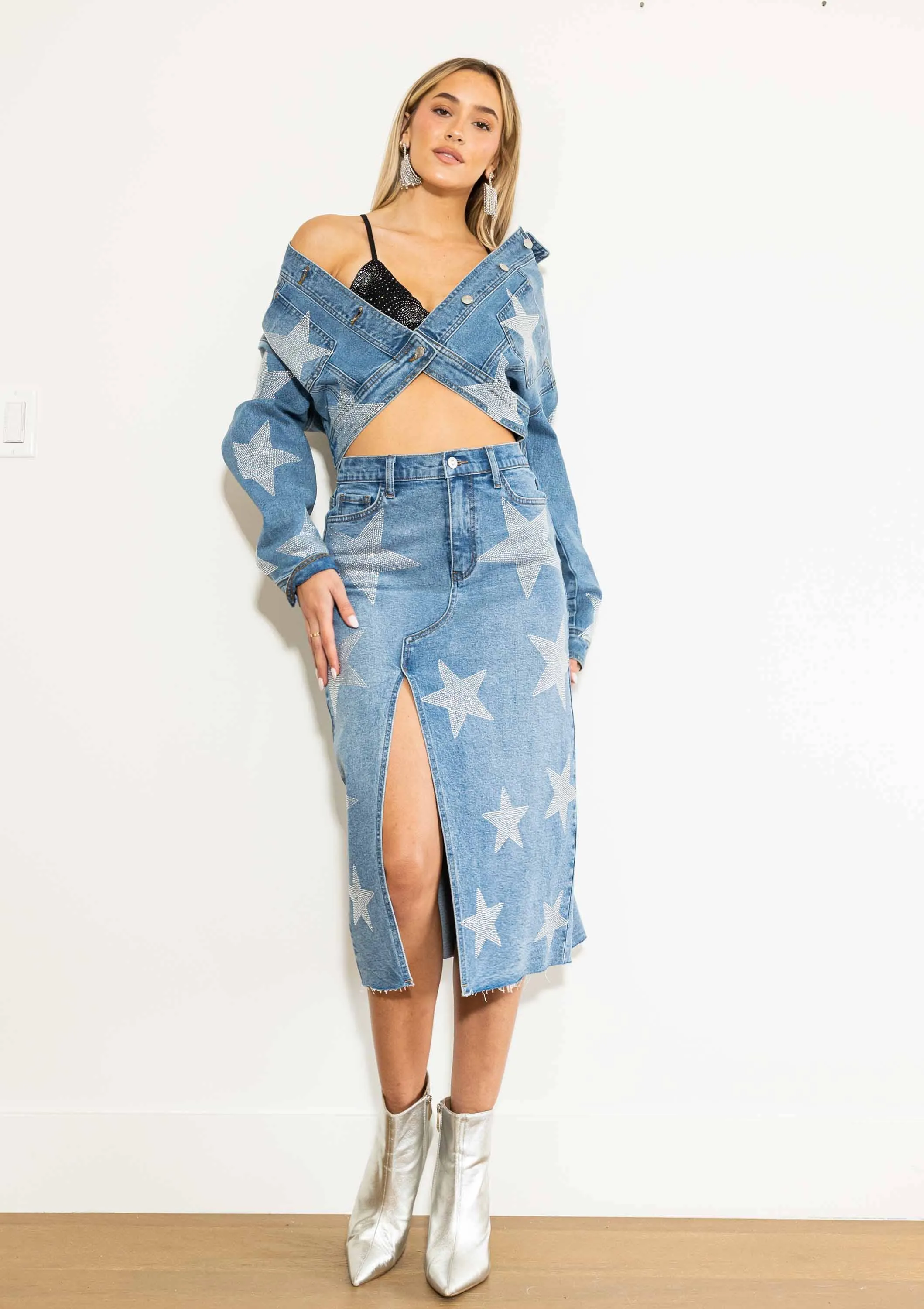 Stars Born Rhinestone Denim Column Skirt Vibrant M.i.u