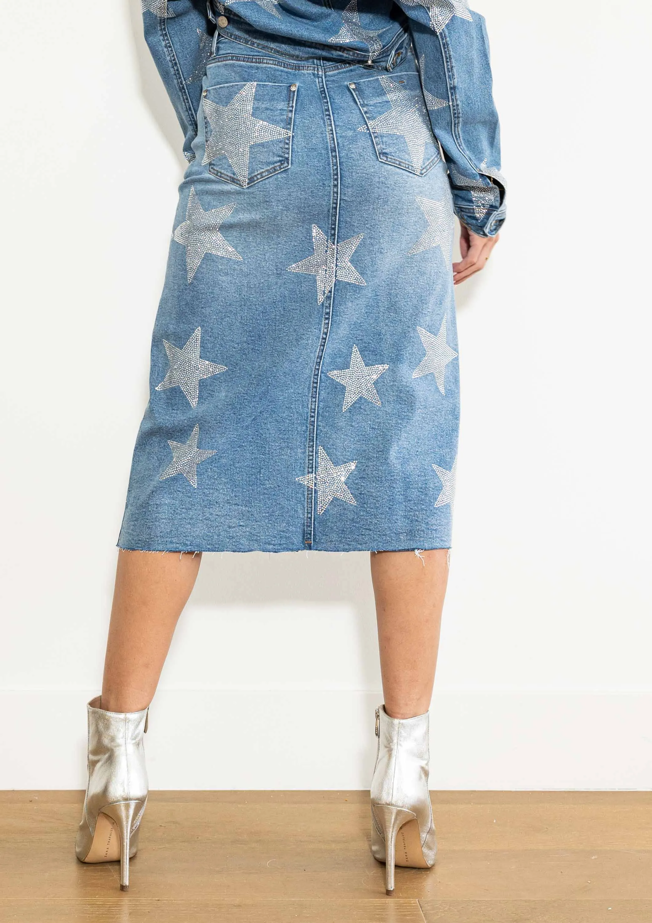 Stars Born Rhinestone Denim Column Skirt Vibrant M.i.u