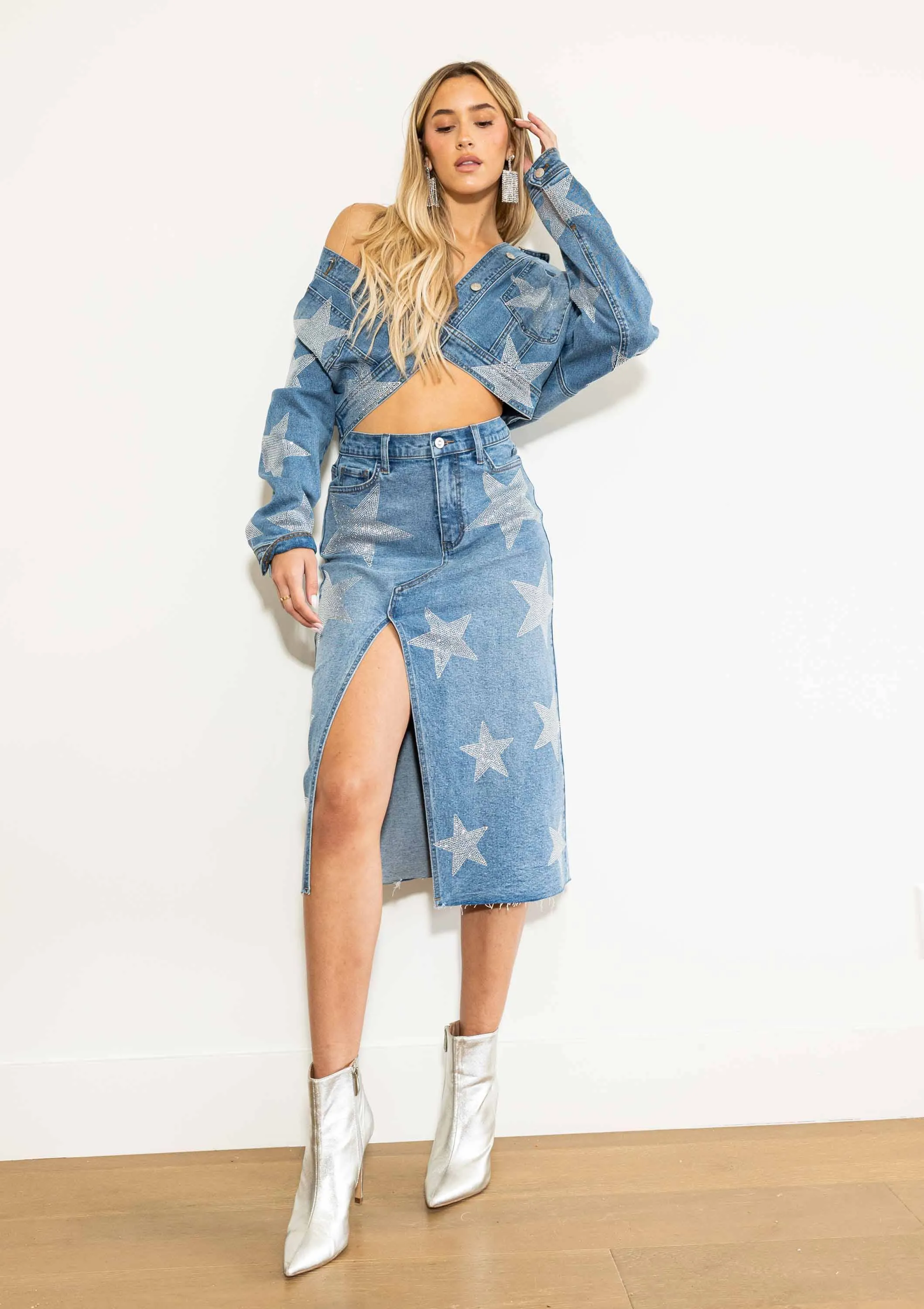 Stars Born Rhinestone Denim Column Skirt Vibrant M.i.u