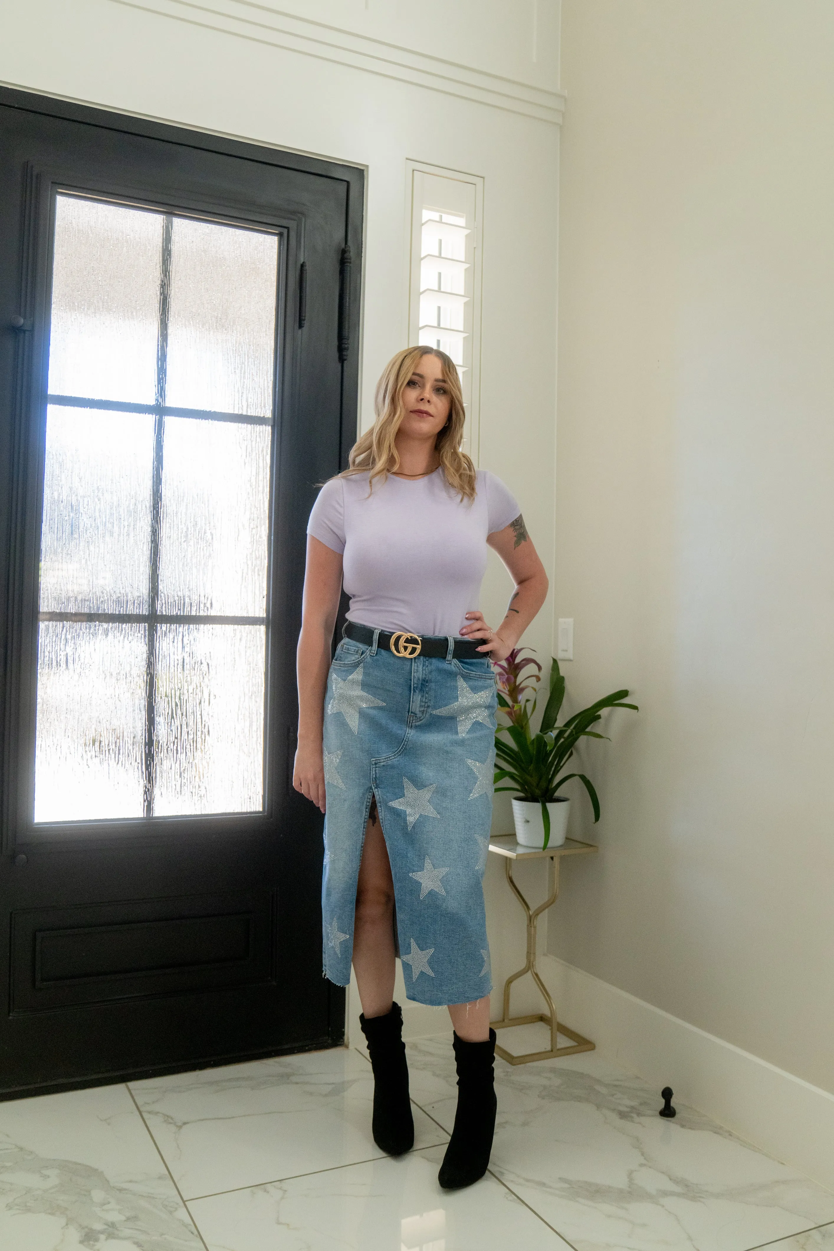 Stars Born Rhinestone Denim Column Skirt Vibrant M.i.u