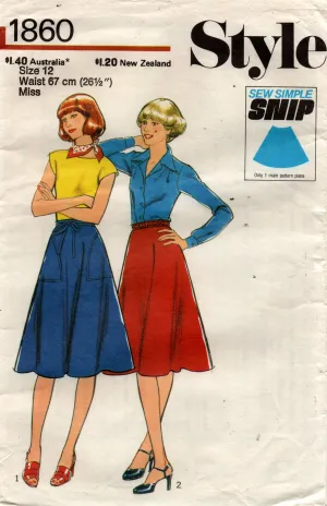 Style 1860 Womens EASY Flared Skirt 1970s Vintage Sewing Pattern Size 12  or 16