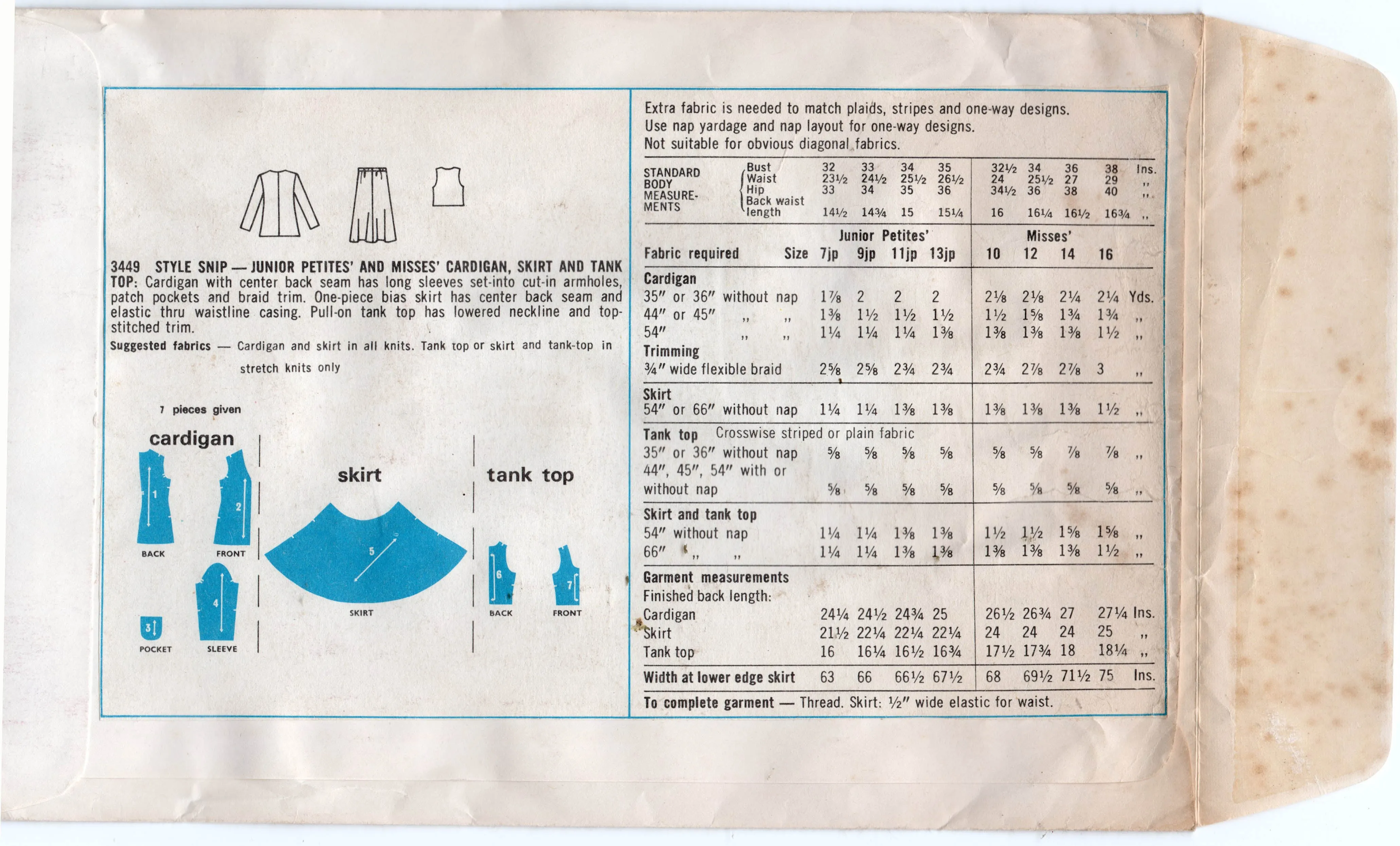 Style 3449 EASY Junior Petite Cardigan Bias Skirt & Stretch Tank Top 1970s Vintage Sewing Pattern Size 7 JP Bust 32 inches
