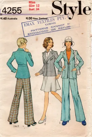 Style 4255 Womens Wide Lapel Jacket with Cuffs Pants & Skirt 1970s Vintage Sewing Pattern Size 12 Bust 34 inches