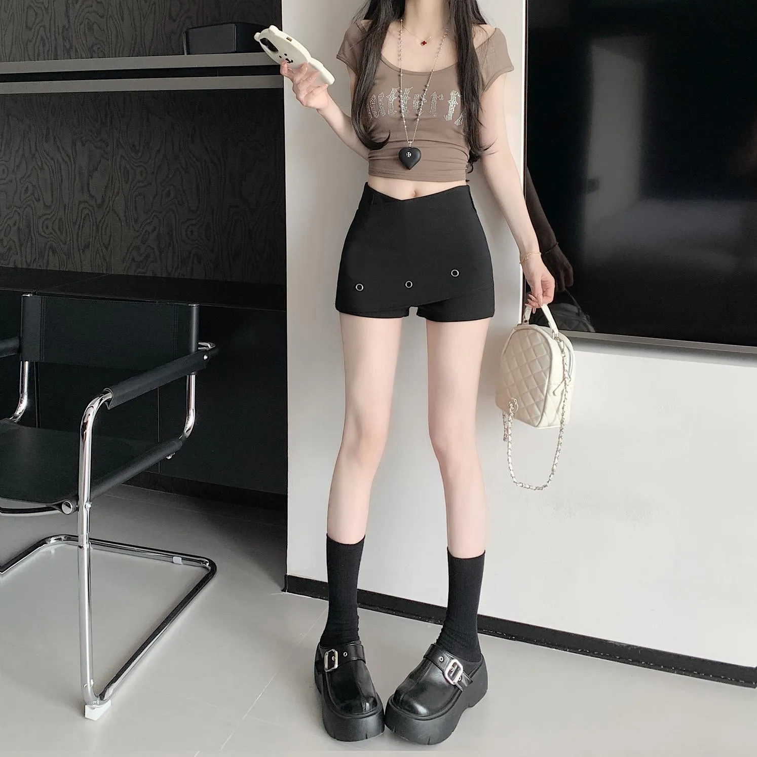 Stylish Solid Color A-line Chino Shorts for Women