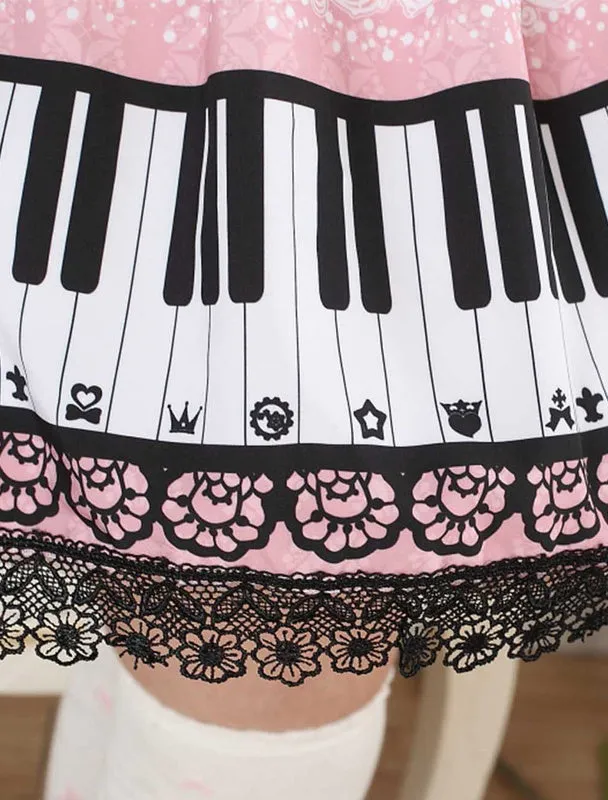 Sweet Pink Piano Print Lolita Skirt Lace Trim