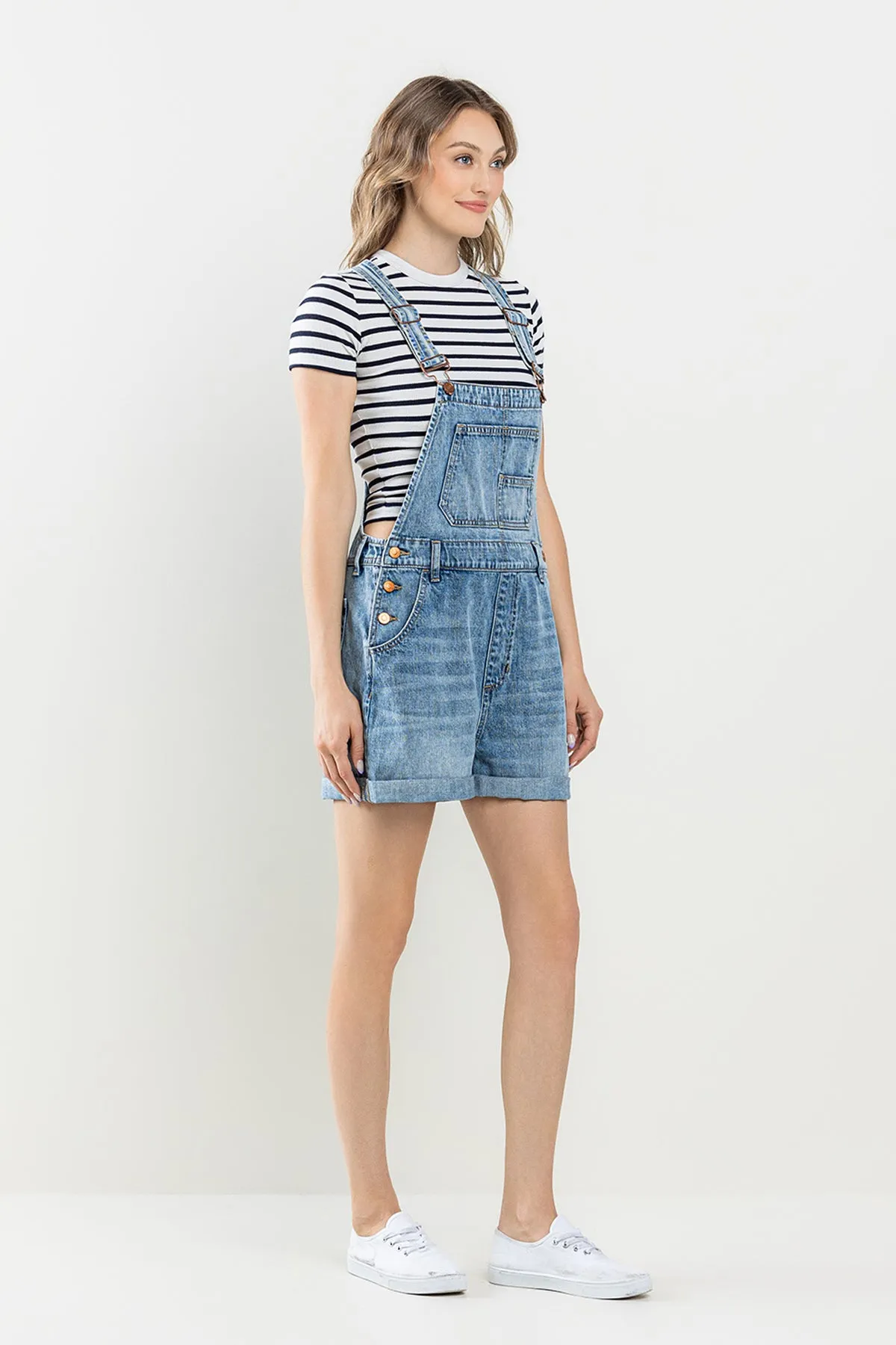 VINTAGE SHORTALL WITH CUFFED HEM IN MEDIUM WASH  / SP-S7542M