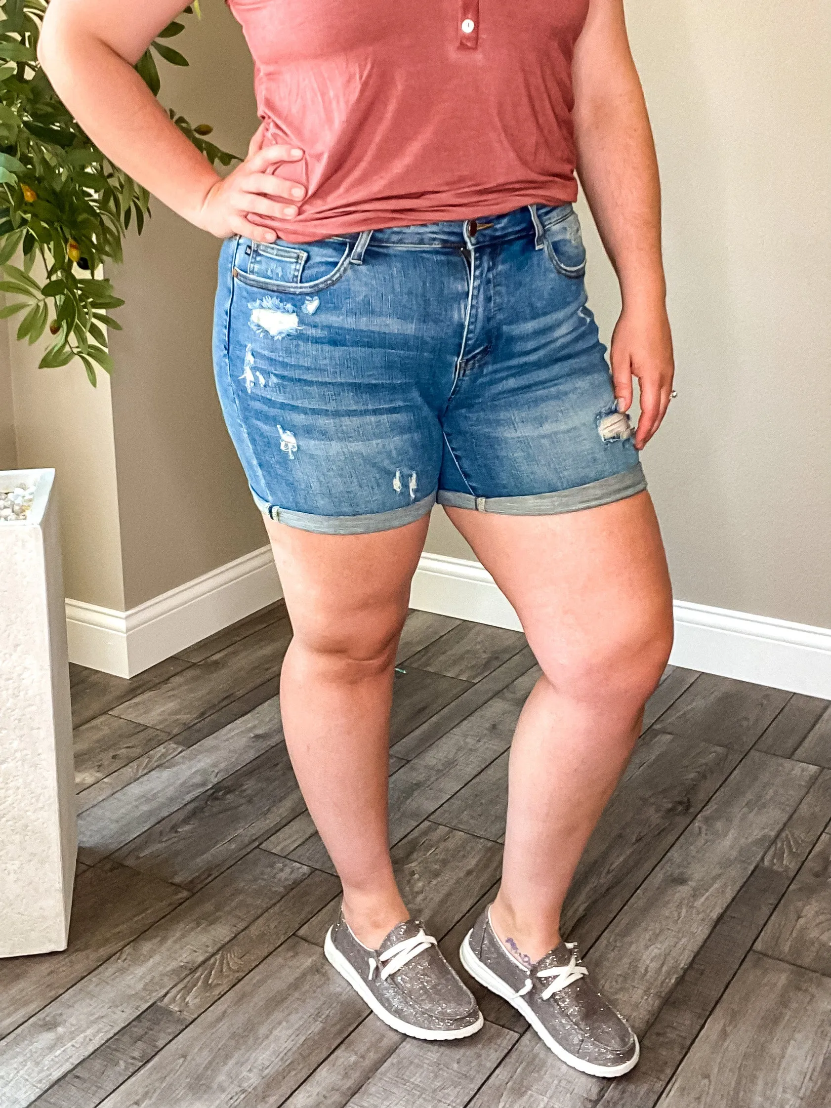 Wishful Thinking Shorts- Judy Blue Mid-Rise Dandelion Embroidered Cuffed Shorts