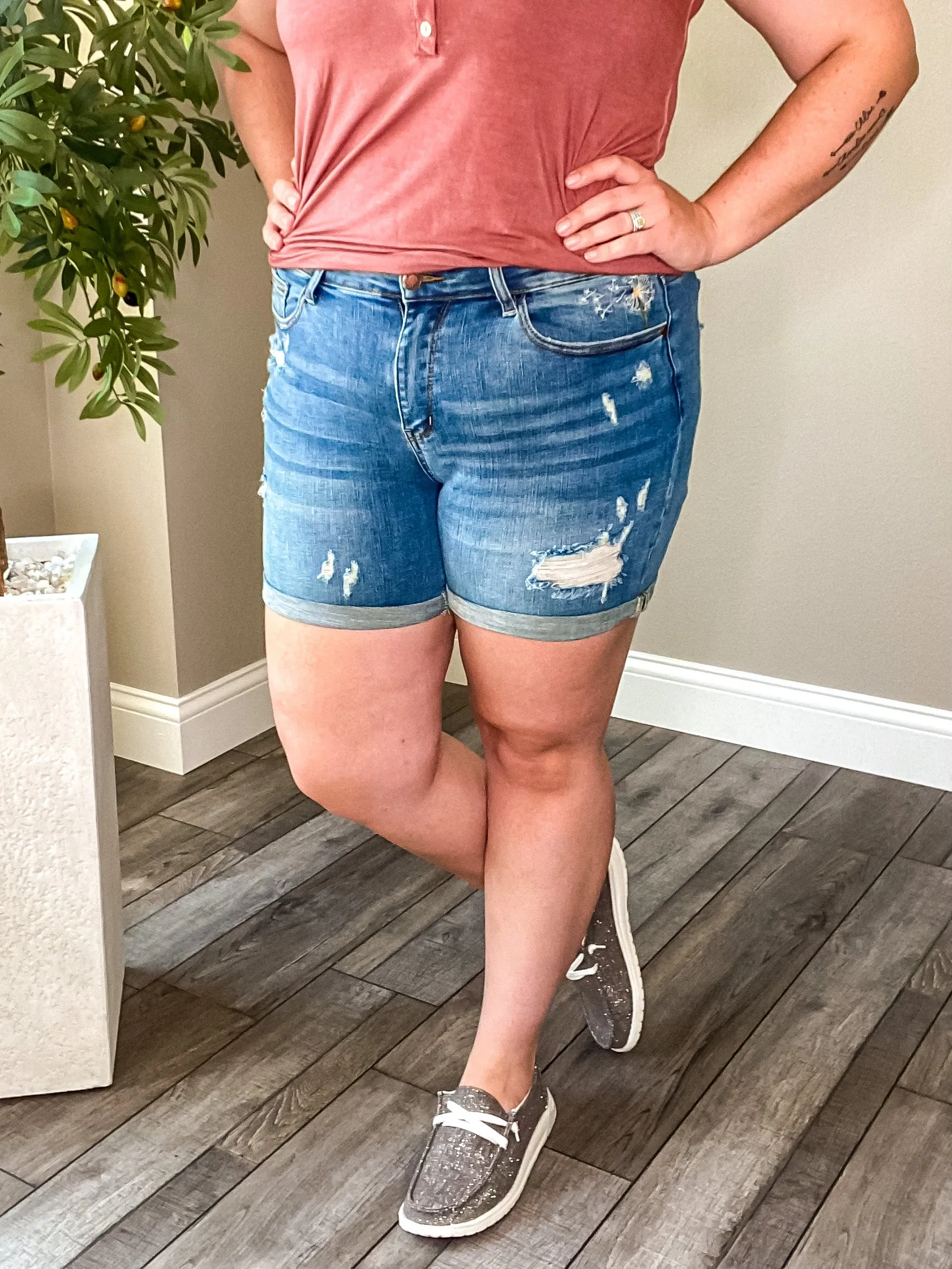 Wishful Thinking Shorts- Judy Blue Mid-Rise Dandelion Embroidered Cuffed Shorts