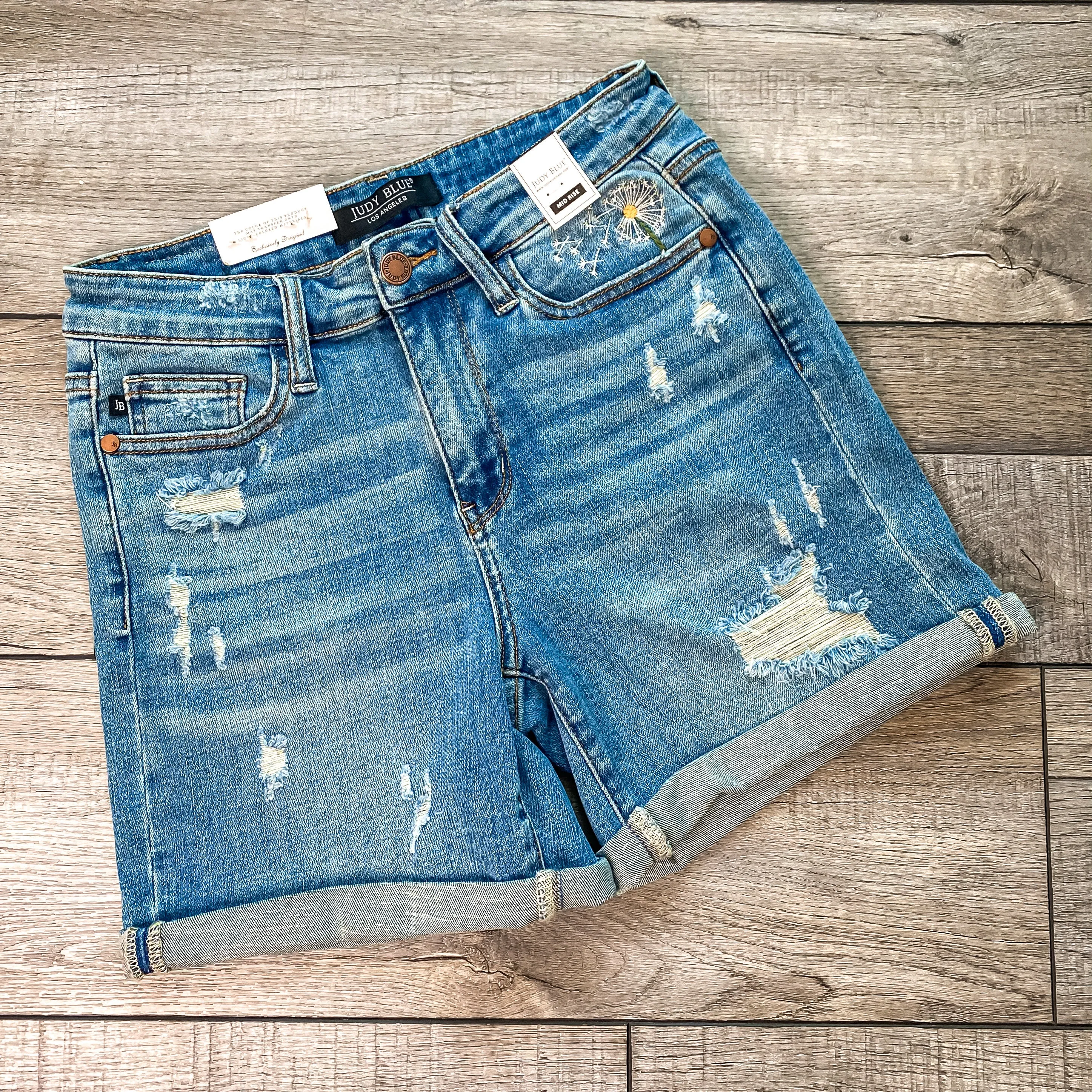 Wishful Thinking Shorts- Judy Blue Mid-Rise Dandelion Embroidered Cuffed Shorts