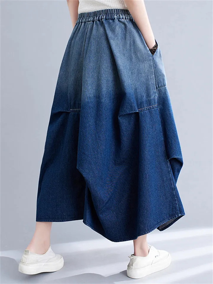 Women's Gradient Color Elastic Waist A-line Denim Skirts