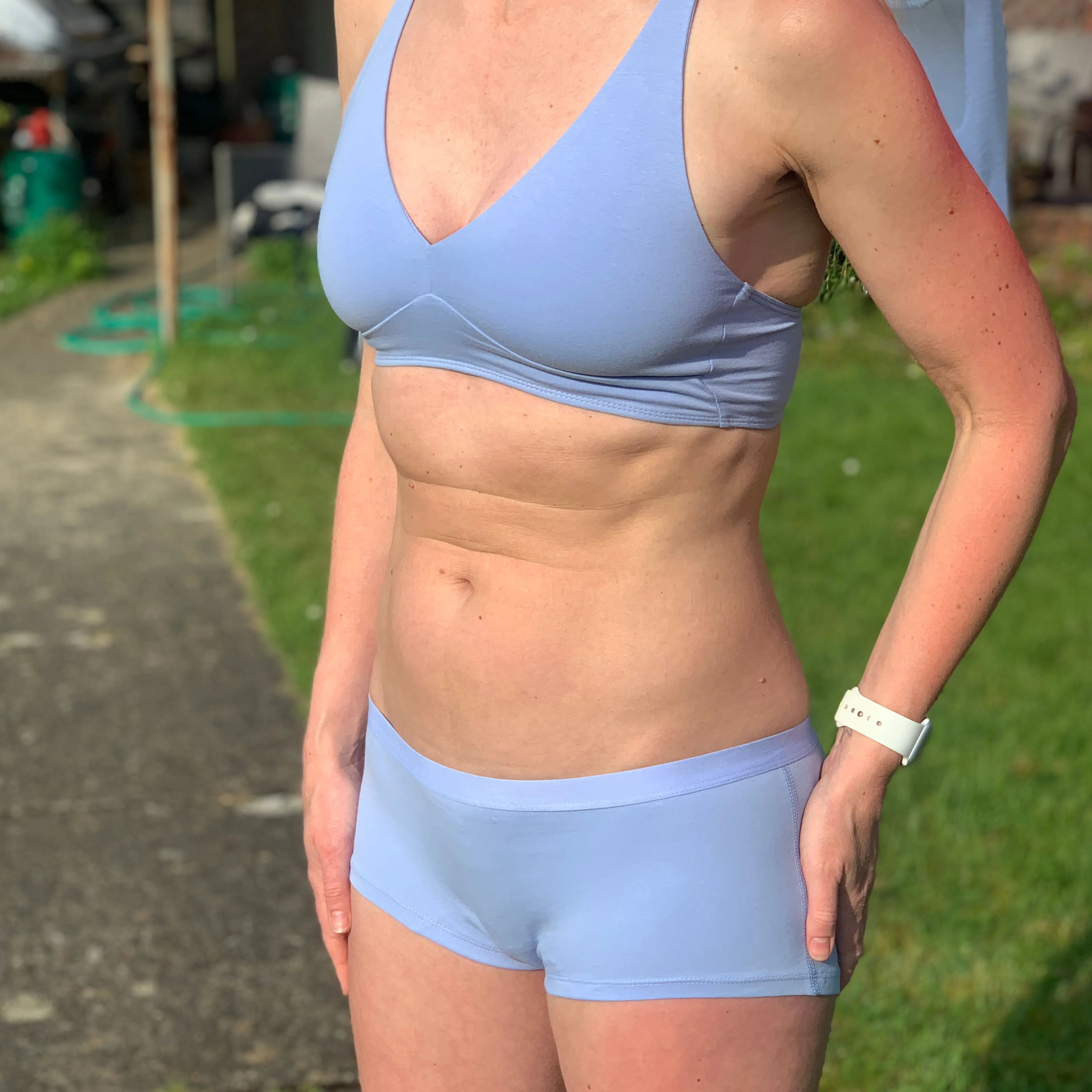 Women's organic cotton matching bralette and boy shorts set - light blue