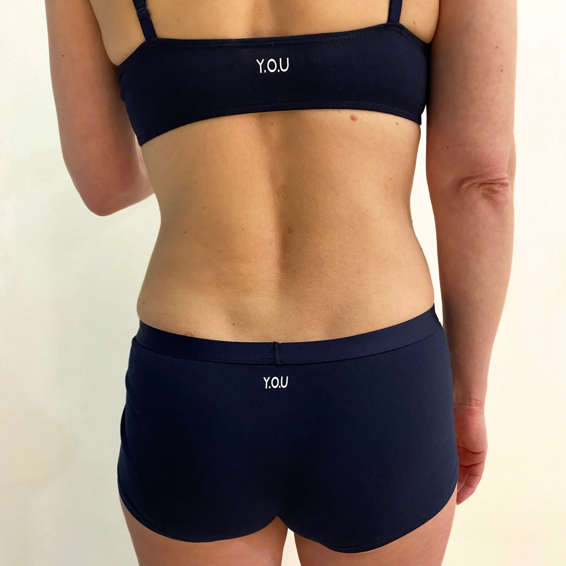 Women's organic cotton matching bralette and boy shorts set - navy blue