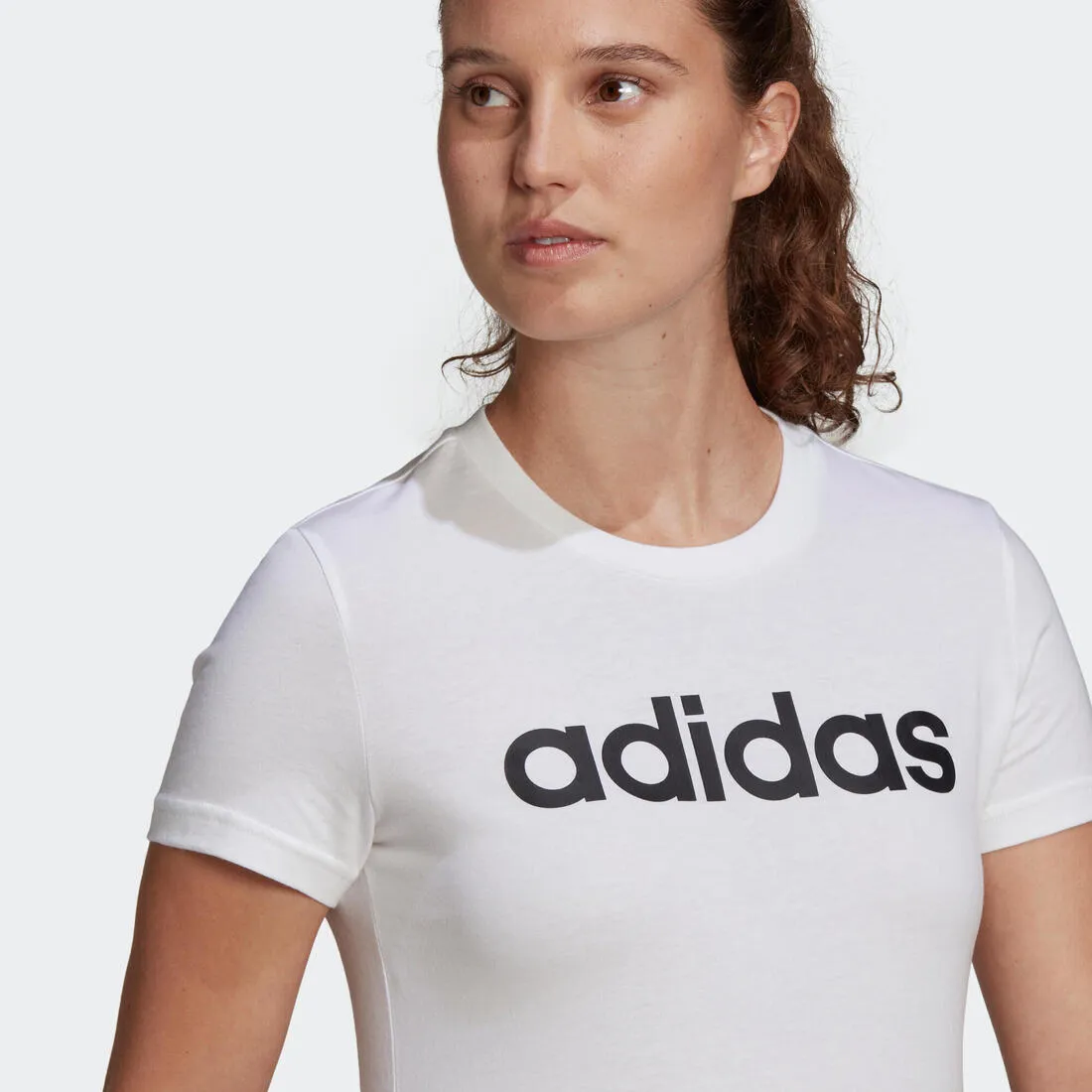 Women's Short-Sleeved Straight-Cut Crew Neck Cotton Fitness T-Shirt Linear - White
