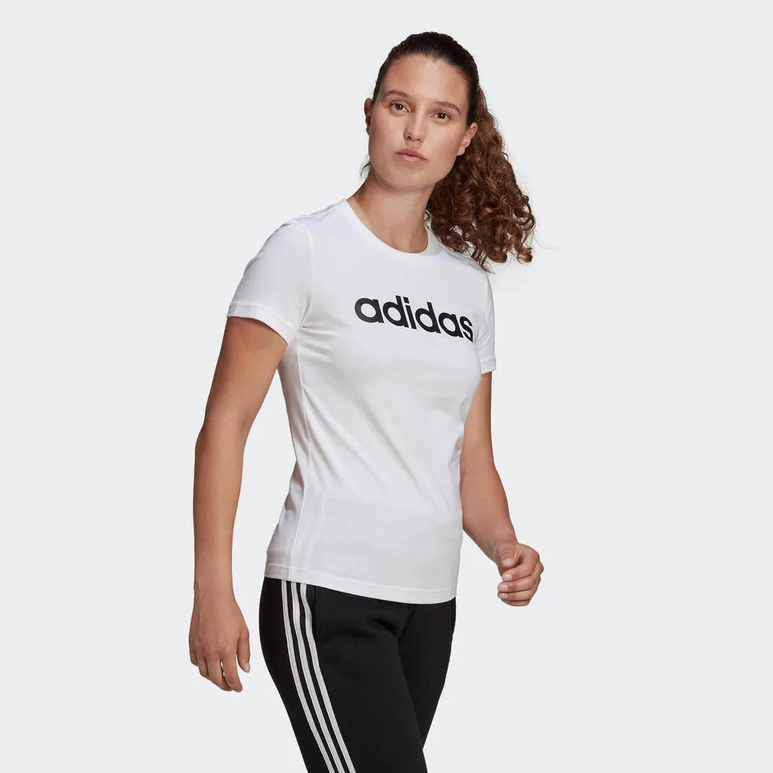 Women's Short-Sleeved Straight-Cut Crew Neck Cotton Fitness T-Shirt Linear - White