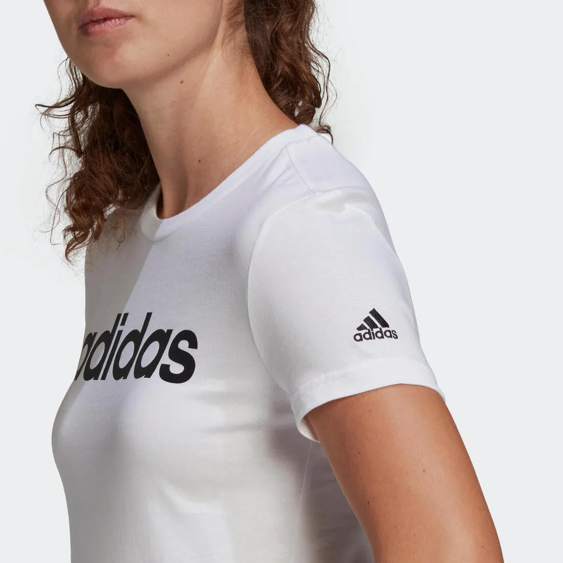 Women's Short-Sleeved Straight-Cut Crew Neck Cotton Fitness T-Shirt Linear - White