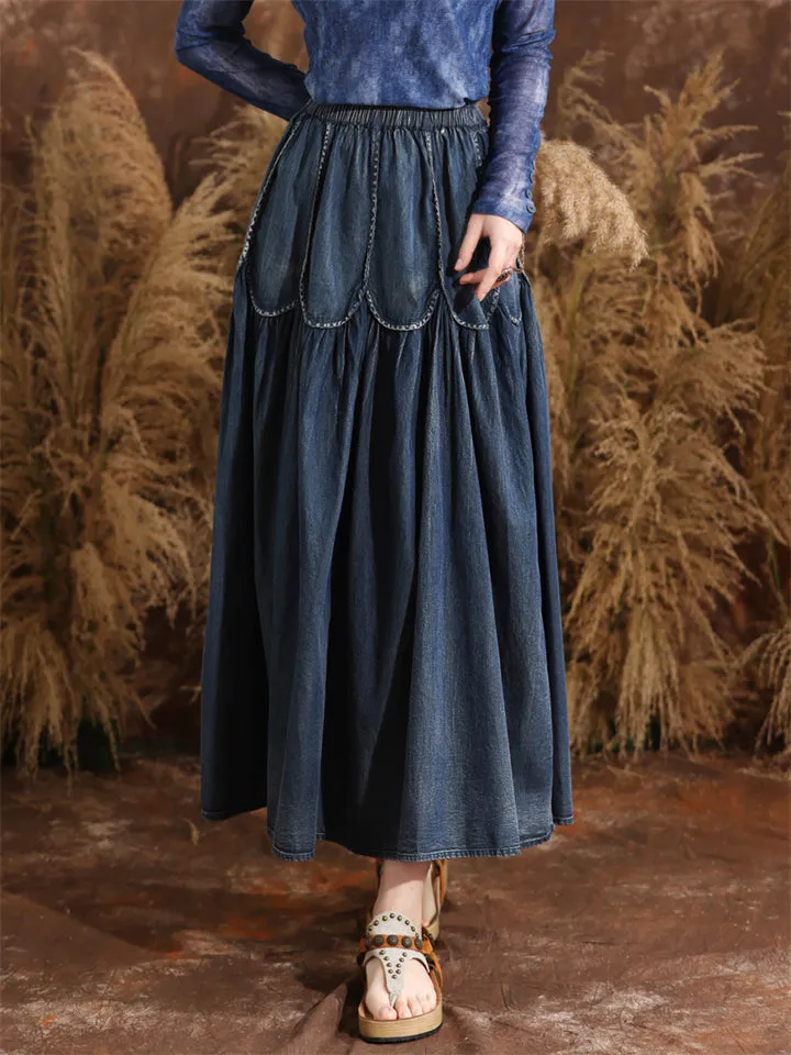 Women's Summer Vintage Style Splicing Elastic Waist Blue Denim Skirt