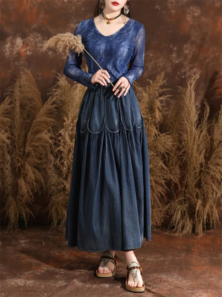 Women's Summer Vintage Style Splicing Elastic Waist Blue Denim Skirt