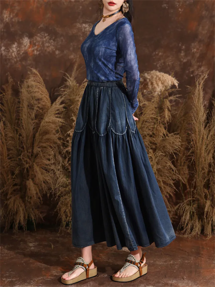 Women's Summer Vintage Style Splicing Elastic Waist Blue Denim Skirt