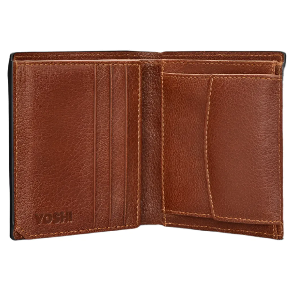 Yoshi Two Fold Brown Leather Wallet with Coin Pocket